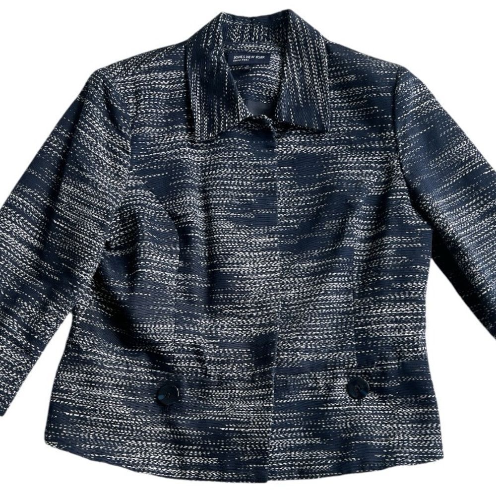Jones New York Navy Blue White 100% Cotton 3/4 Sleeve Crop  Blazer sz 14